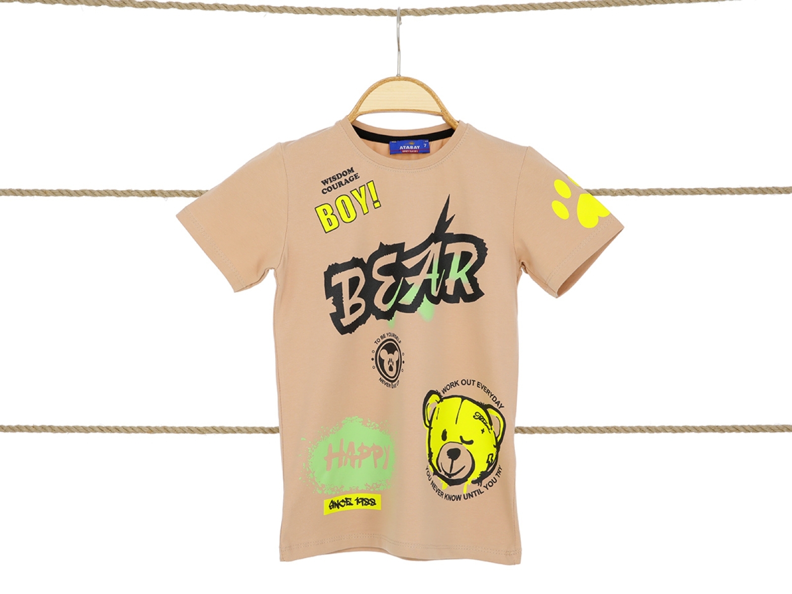 3/7 YAŞ ERKEK  TSHİRT BEAR HAPPY BASKILI