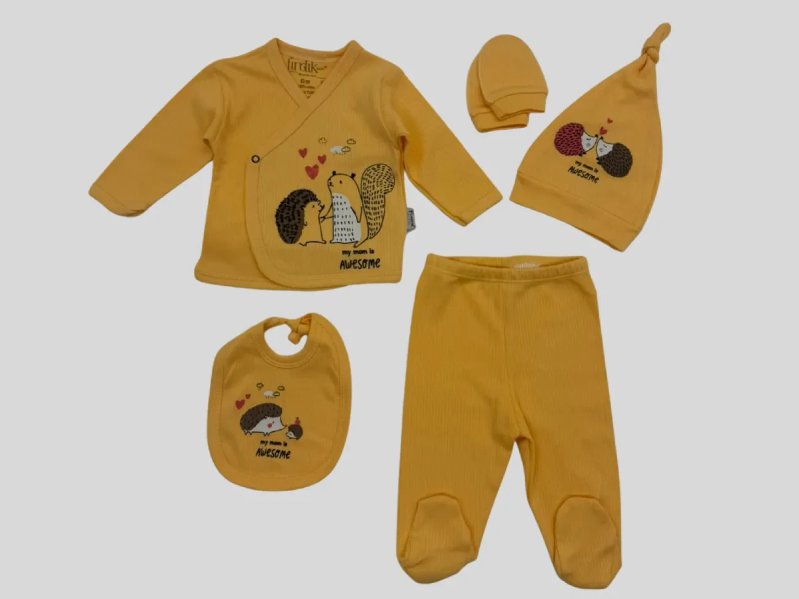 3 AY KIZ BEBE ZIBIN TAKIM 5\'Lİ KALP KİRPİ BASKILI